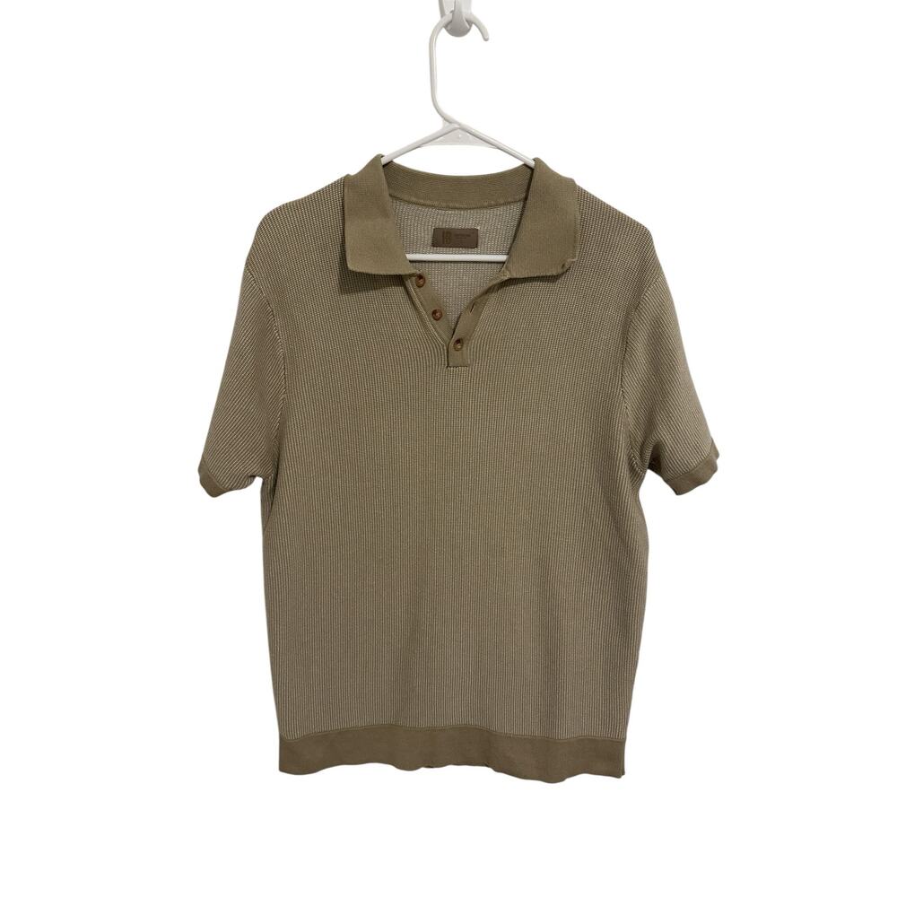 HB Knitwear Men's Large Khaki Short Sleeve Button Up V-Neck Pullover Sweater